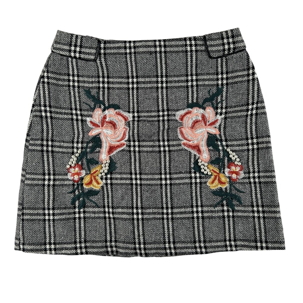 Promesa Skirt Womens Small Black Plaid Tweed Mini Embroidered Floral Beaded